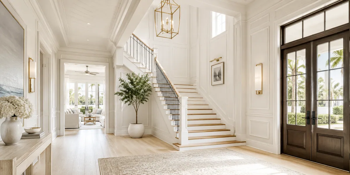 Bright white trim, wainscoting, and staircase interior