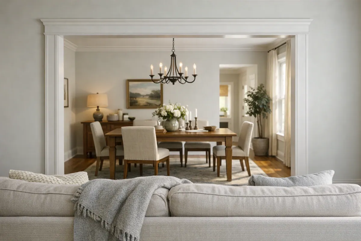 Shared sightline from living room to dining room
