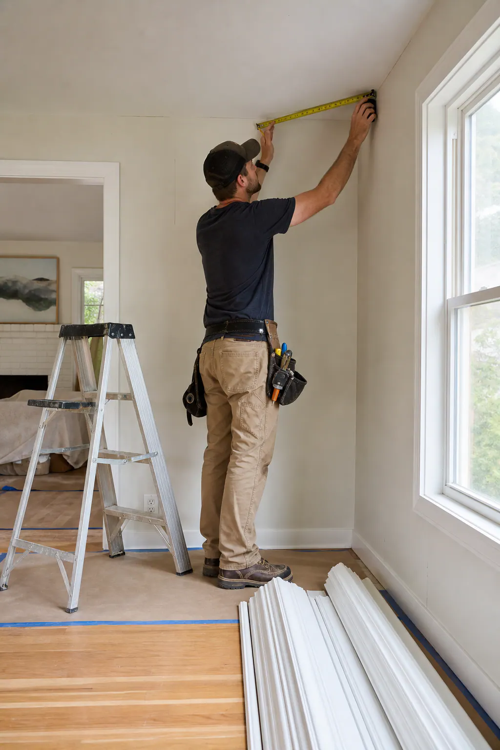 Supporting 2 Trim Carpenter Measuring Ceiling