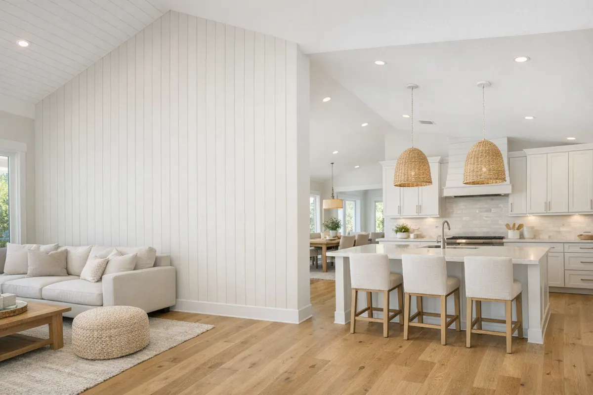 Quiet Vertical Shiplap in Open Plan Room