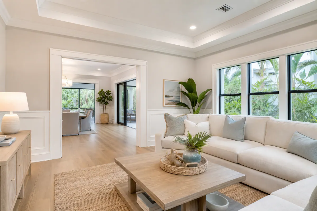 White coffered ceiling with tongue-and-groove panels and crown molding