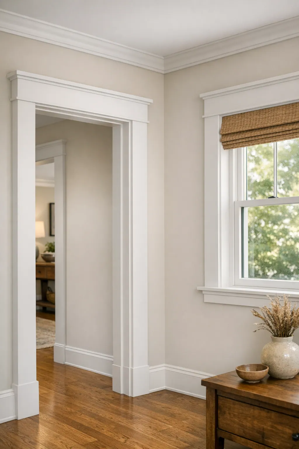 Craftsman-style casing coordinated with baseboards