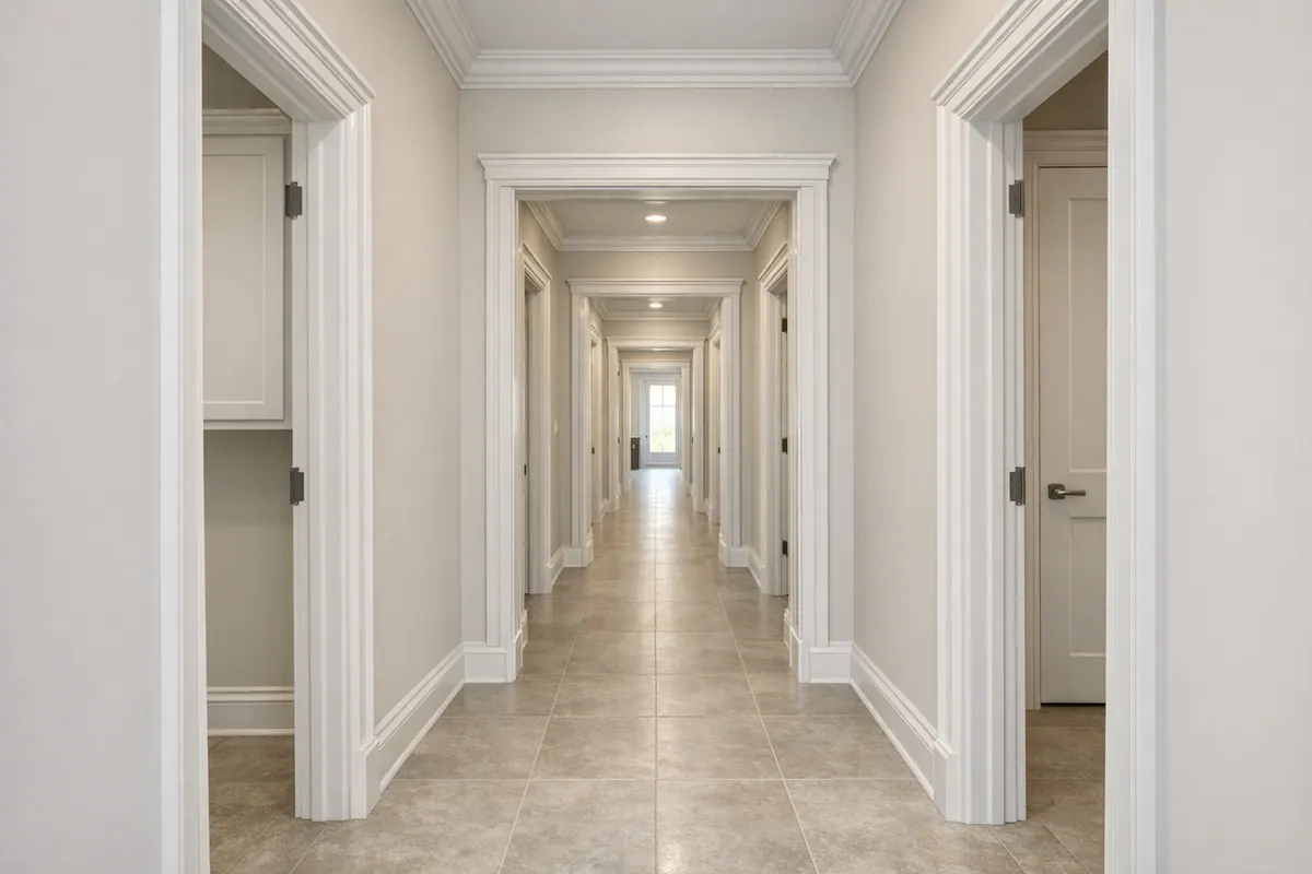 Repeated door trim in a hallway